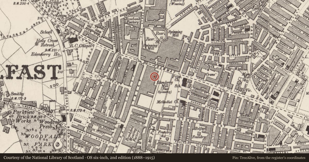 Ordnance Survey six-inch map, 2nd edition (1888–1915) covering the location of Edenderry Mill, Edenderry Industrial Estate, 326 Crumlin Road, Belfast BT14 7EE, Belfast, with a pin at the register's coordinates