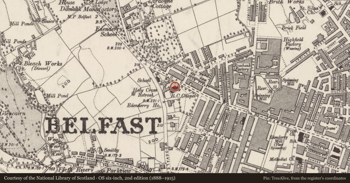 Ordnance Survey six-inch map, 2nd edition (1888–1915) covering the location of Holy Cross Church, Edenderry, Belfast, with a pin at the register's coordinates
