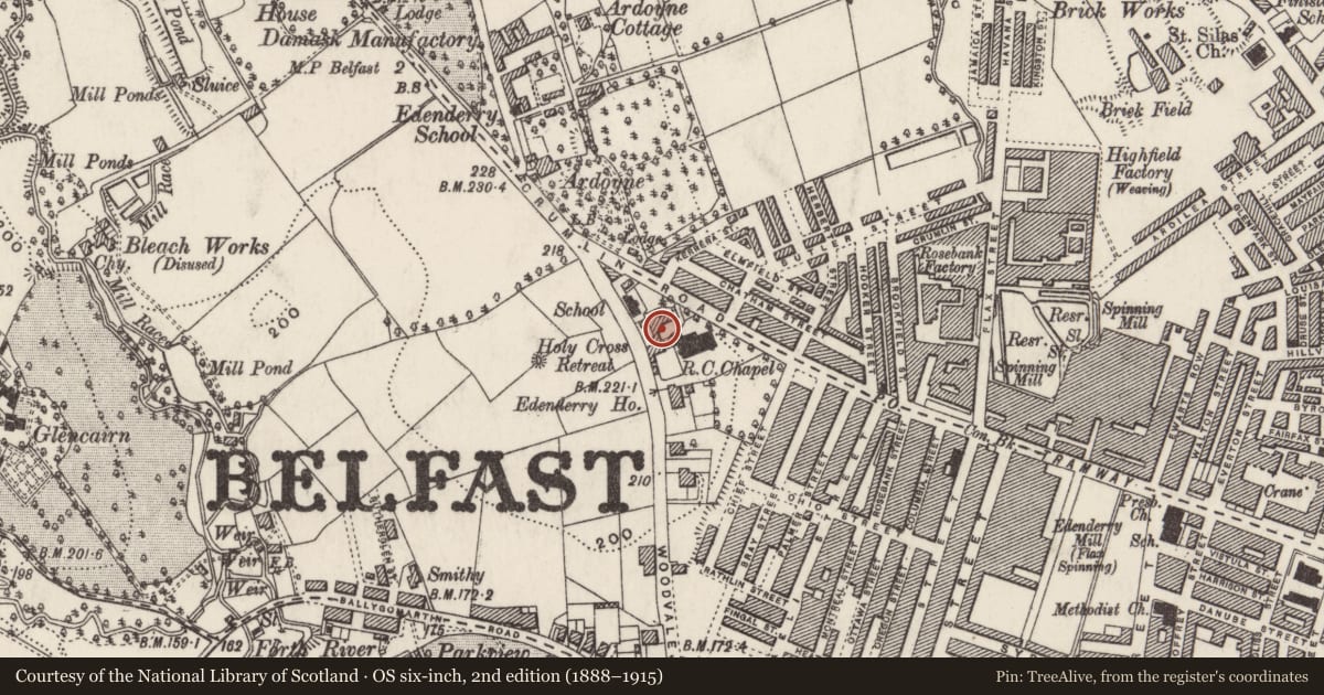 Ordnance Survey six-inch map, 2nd edition (1888–1915) covering the location of Holy Cross Monastery, Edenderry, Belfast, with a pin at the register's coordinates