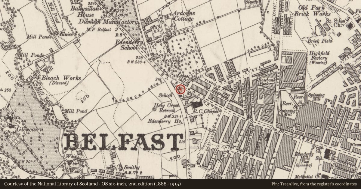 Ordnance Survey six-inch map, 2nd edition (1888–1915) covering the location of Holy Cross Boys School, Edenderry, Belfast, with a pin at the register's coordinates