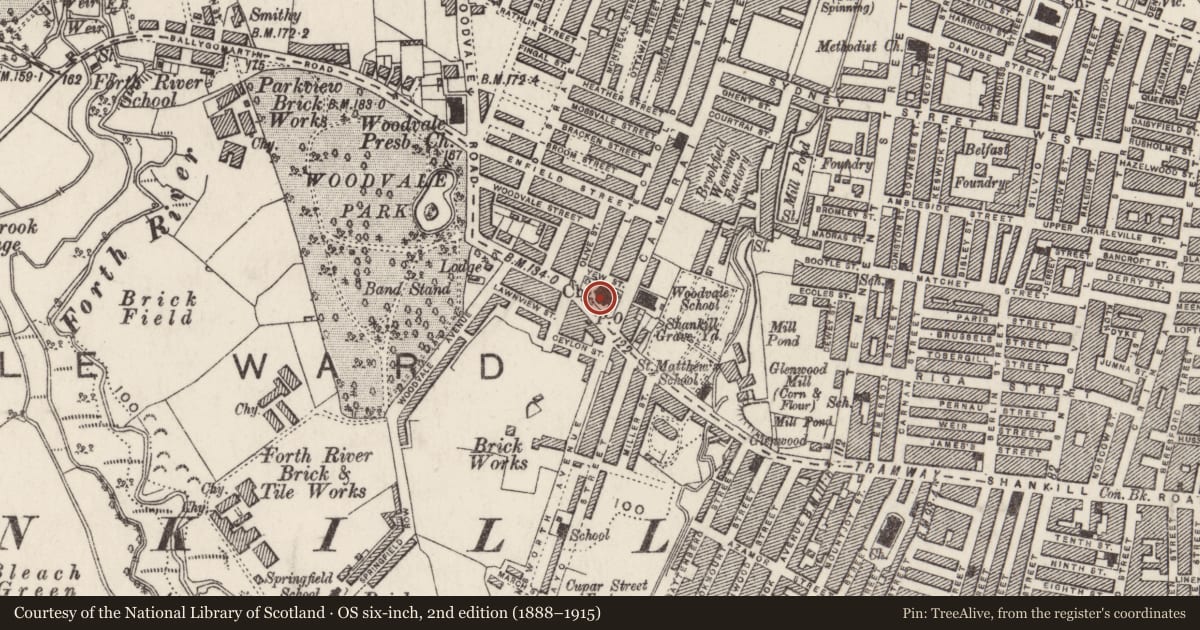 Ordnance Survey six-inch map, 2nd edition (1888–1915) covering the location of St. Matthew's Church of Ireland, Edenderry, Belfast, with a pin at the register's coordinates