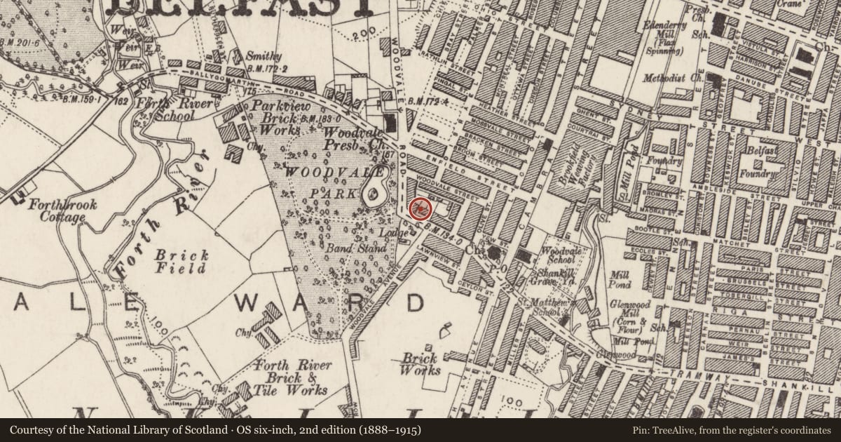 Ordnance Survey six-inch map, 2nd edition (1888–1915) covering the location of 35 Woodvale Road, Edenderry, Belfast, with a pin at the register's coordinates