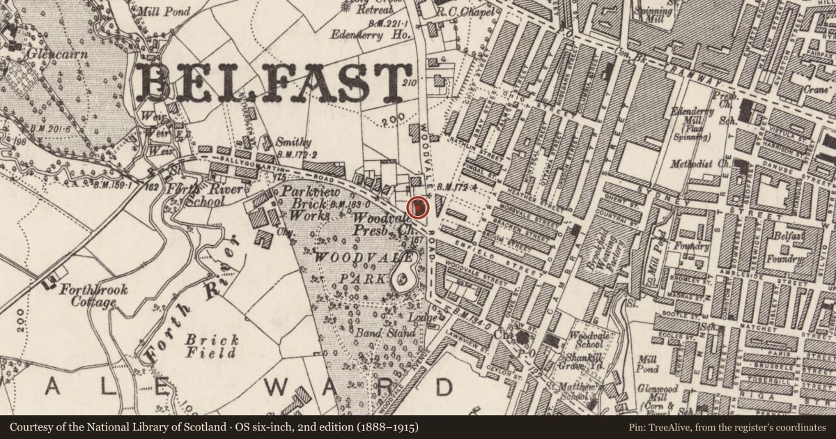 Ordnance Survey six-inch map, 2nd edition (1888–1915) covering the location of Woodvale Presbyterian Church, Edenderry, Belfast, with a pin at the register's coordinates