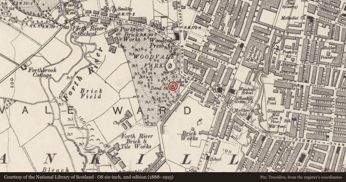 Ordnance Survey six-inch map, 2nd edition (1888–1915) covering the location of Bandstand Woodvale Park, Edenderry, Belfast, with a pin at the register's coordinates