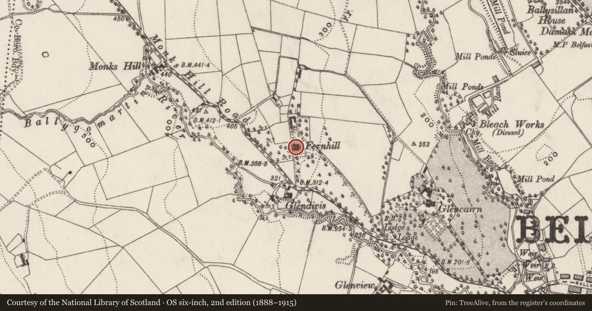 Ordnance Survey six-inch map, 2nd edition (1888–1915) covering the location of Fernhill House (Former People's Museum), Ballygomartin, Belfast, with a pin at the register's coordinates