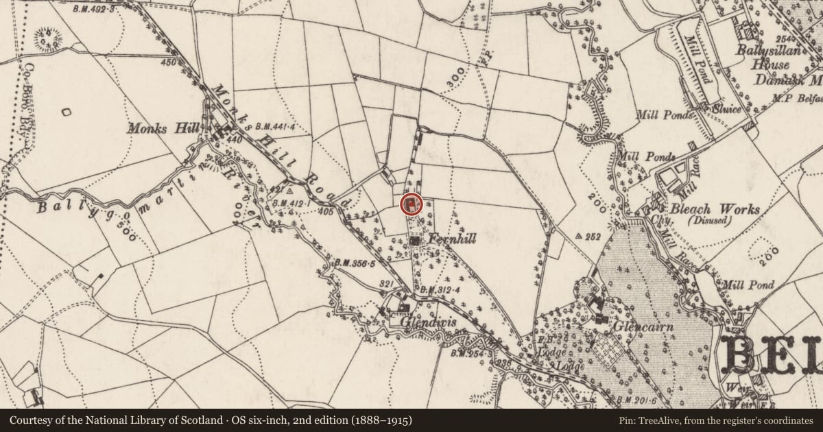 Ordnance Survey six-inch map, 2nd edition (1888–1915) covering the location of Fernhill House Outbuildings, Ballygomartin, Belfast, with a pin at the register's coordinates