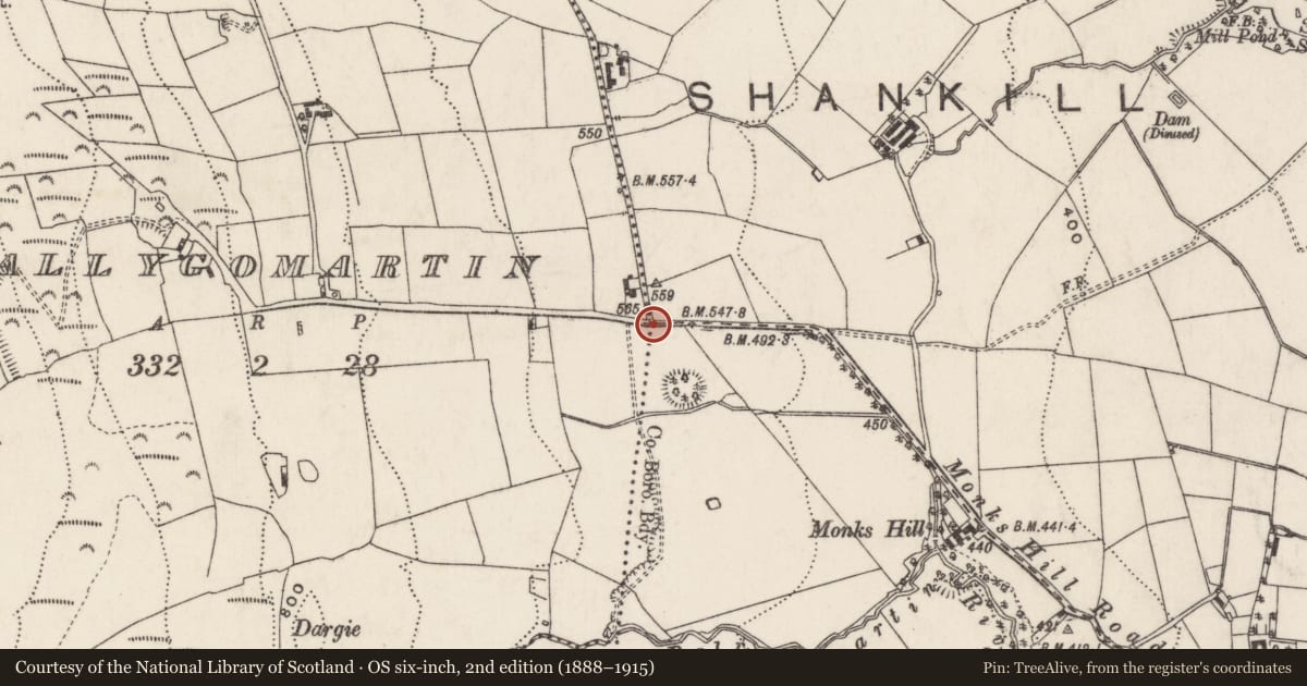 Ordnance Survey six-inch map, 2nd edition (1888–1915) covering the location of Parliamentary Boundary Post, Ballygomartin, Belfast, with a pin at the register's coordinates