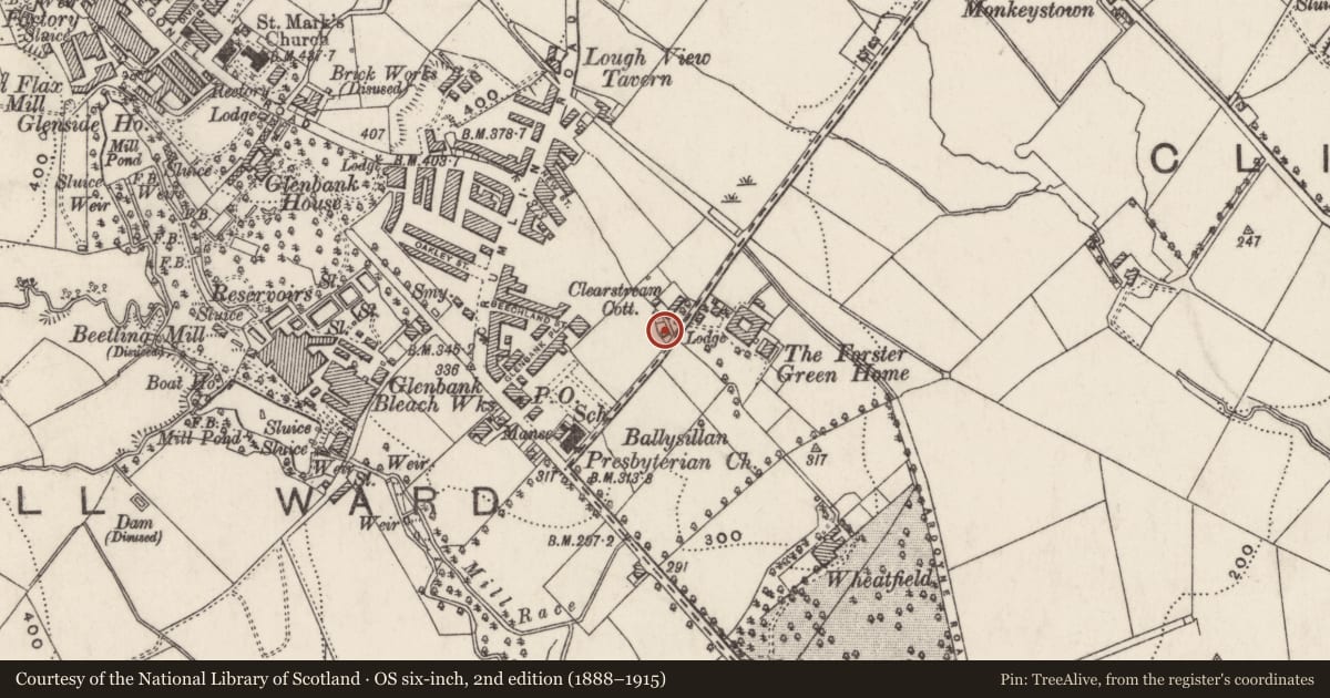 Ordnance Survey six-inch map, 2nd edition (1888–1915) covering the location of Rhubarb Cottage, Ballysillan lower, Belfast, with a pin at the register's coordinates