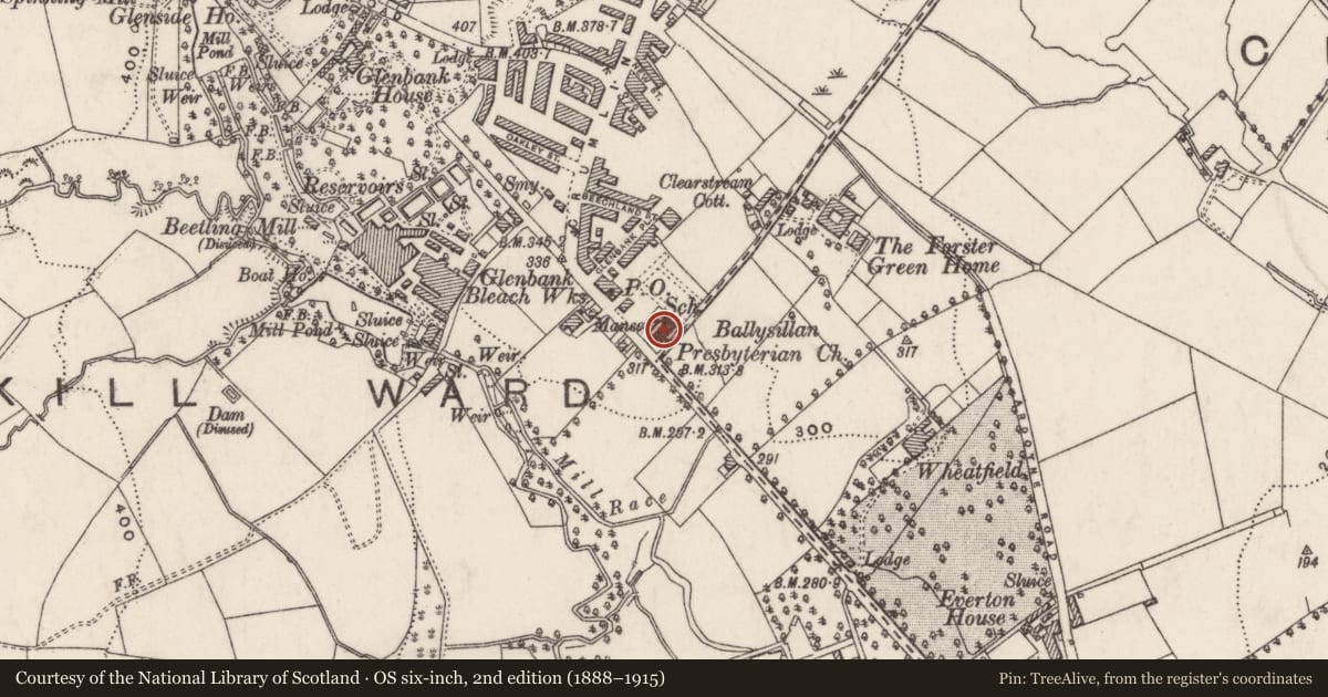 Ordnance Survey six-inch map, 2nd edition (1888–1915) covering the location of Ballysillan Presbyterian Church, Ballysillan Lower, Belfast, with a pin at the register's coordinates