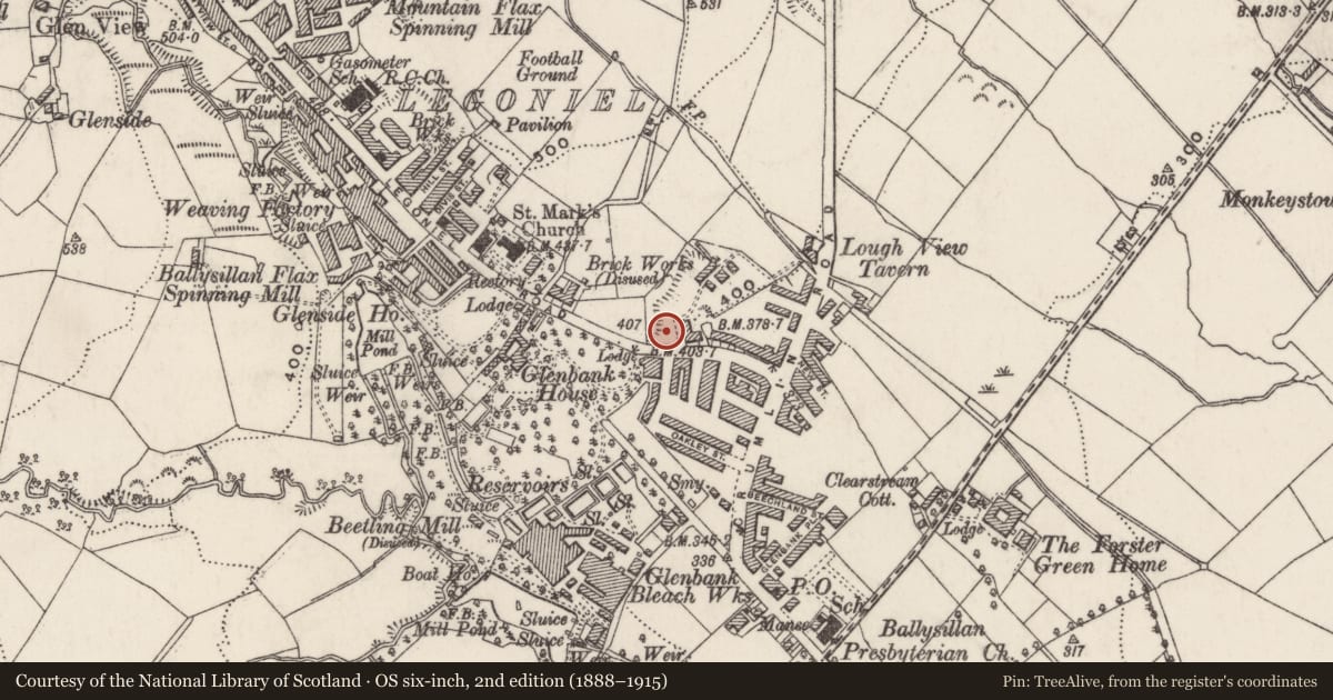 Ordnance Survey six-inch map, 2nd edition (1888–1915) covering the location of Ligoniel Branch Library, Ballysillan Lower, Belfast, with a pin at the register's coordinates