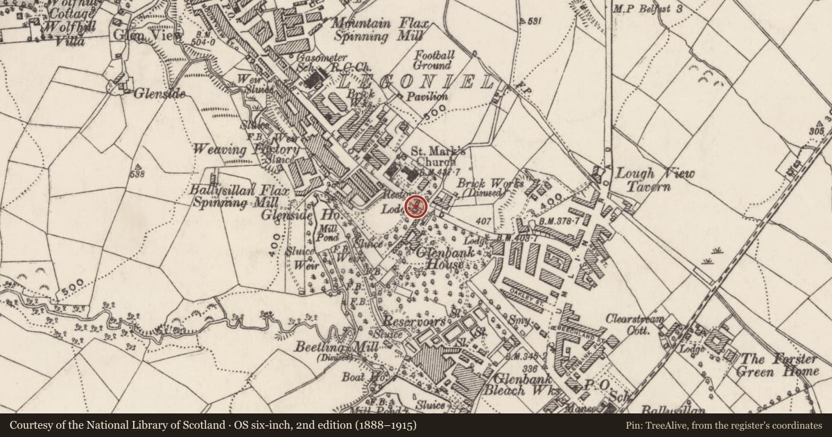 Ordnance Survey six-inch map, 2nd edition (1888–1915) covering the location of Glenside Lodge, 68 Ligoniel Road, Belfast, Co Antrim BT14 8BY, Ballysillan Lower, Belfast, with a pin at the register's coordinates