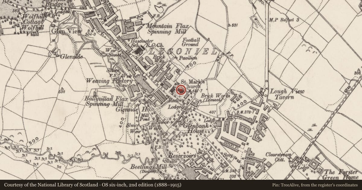 Ordnance Survey six-inch map, 2nd edition (1888–1915) covering the location of St. Mark's Church of Ireland, Ballysillan Lower, Belfast, with a pin at the register's coordinates