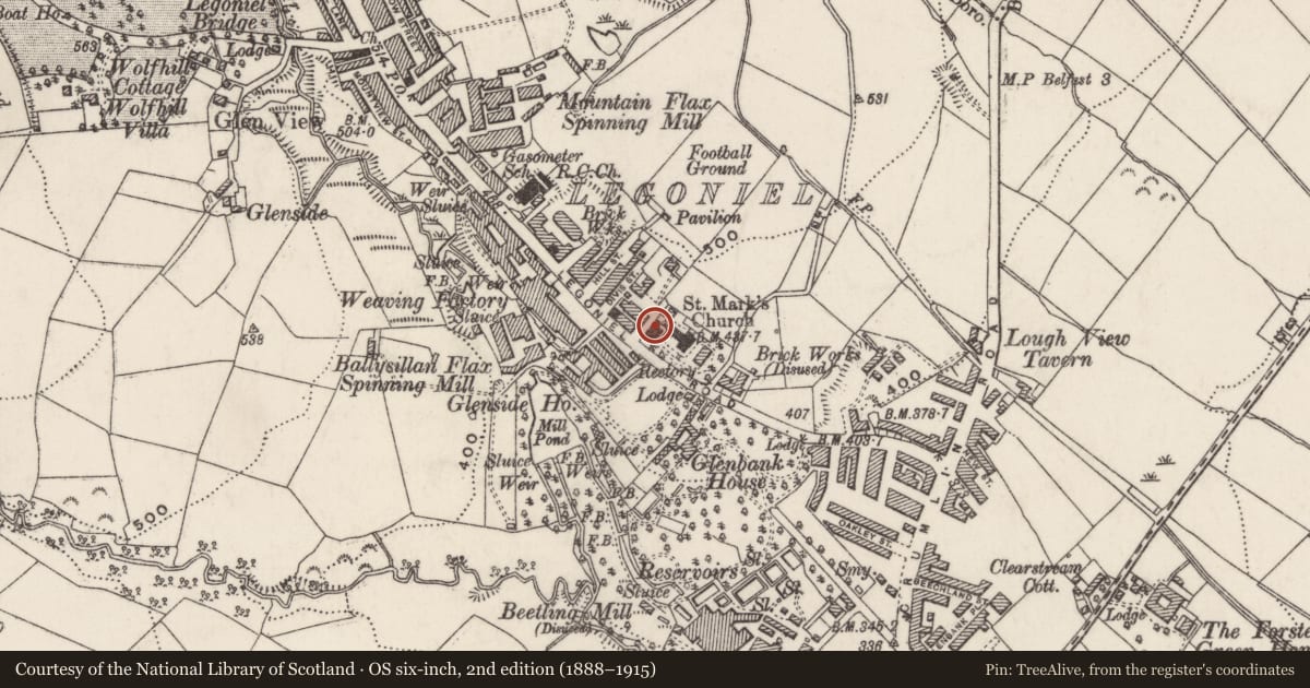 Ordnance Survey six-inch map, 2nd edition (1888–1915) covering the location of Former School Adjacent to St Marks Church of Ireland, Ballysillan Lower, Belfast, with a pin at the register's coordinates