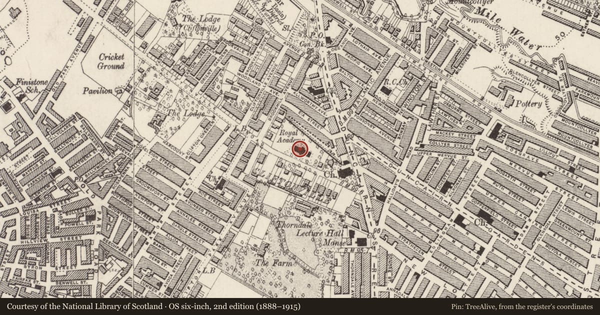 Ordnance Survey six-inch map, 2nd edition (1888–1915) covering the location of Belfast Royal Academy, Town Parks, Belfast, with a pin at the register's coordinates