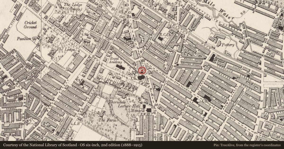 Ordnance Survey six-inch map, 2nd edition (1888–1915) covering the location of St James C.O.I Hall, Town Parks, Belfast, with a pin at the register's coordinates