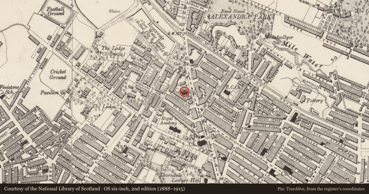 Ordnance Survey six-inch map, 2nd edition (1888–1915) covering the location of Antrim Road Baptist Church, Town Parks, Belfast, with a pin at the register's coordinates