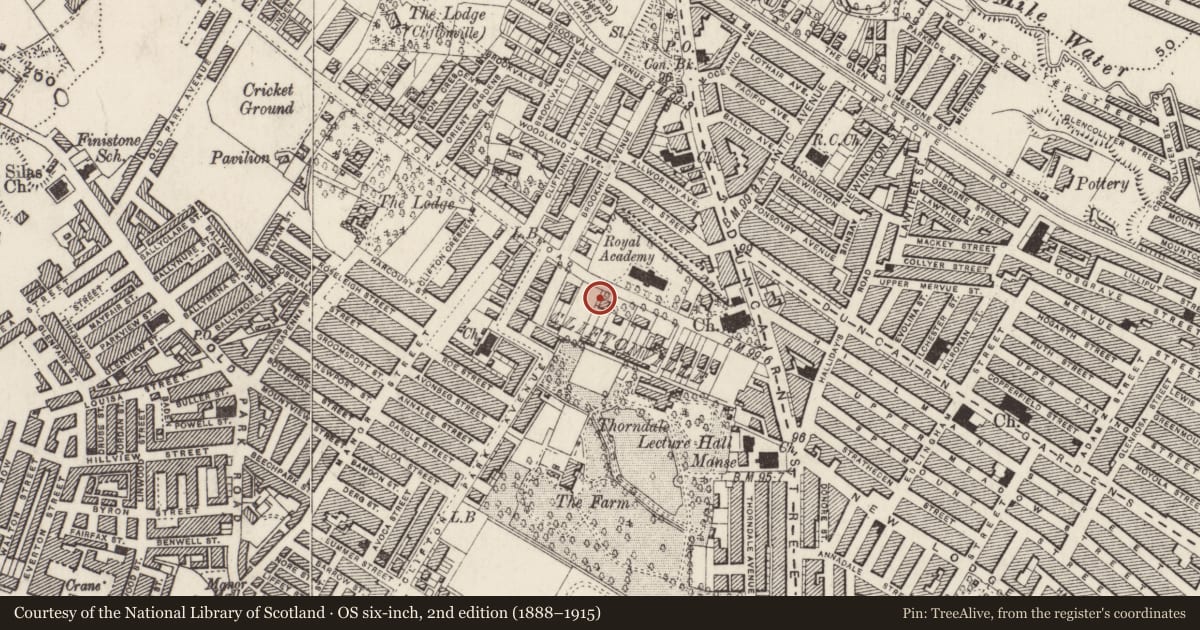 Ordnance Survey six-inch map, 2nd edition (1888–1915) covering the location of 36 Cliftonville Road, Town Parks, Belfast, with a pin at the register's coordinates