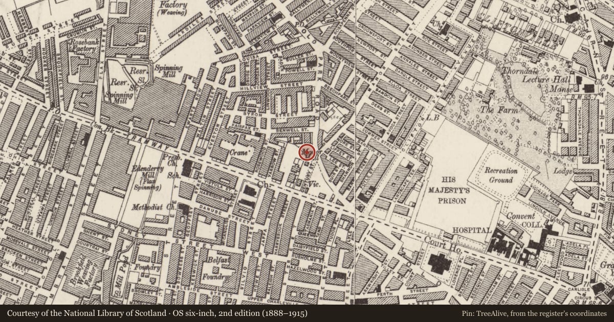 Ordnance Survey six-inch map, 2nd edition (1888–1915) covering the location of Public Library, Town Parks, Belfast, with a pin at the register's coordinates