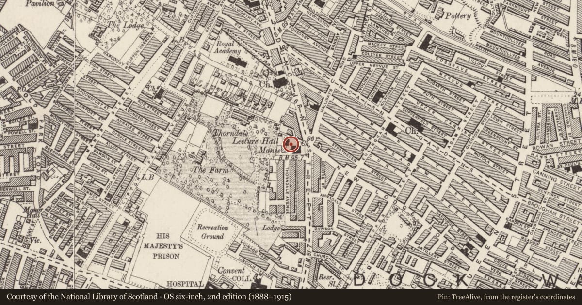 Ordnance Survey six-inch map, 2nd edition (1888–1915) covering the location of Duncairn Presbyterian Church (DECONSECRATED), Belfast, with a pin at the register's coordinates