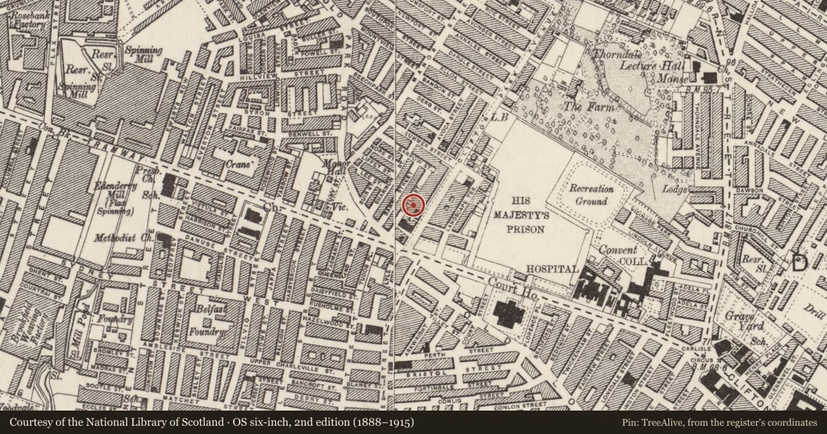 Ordnance Survey six-inch map, 2nd edition (1888–1915) covering the location of Clifton Park Avenue Baptist Church, Belfast, with a pin at the register's coordinates