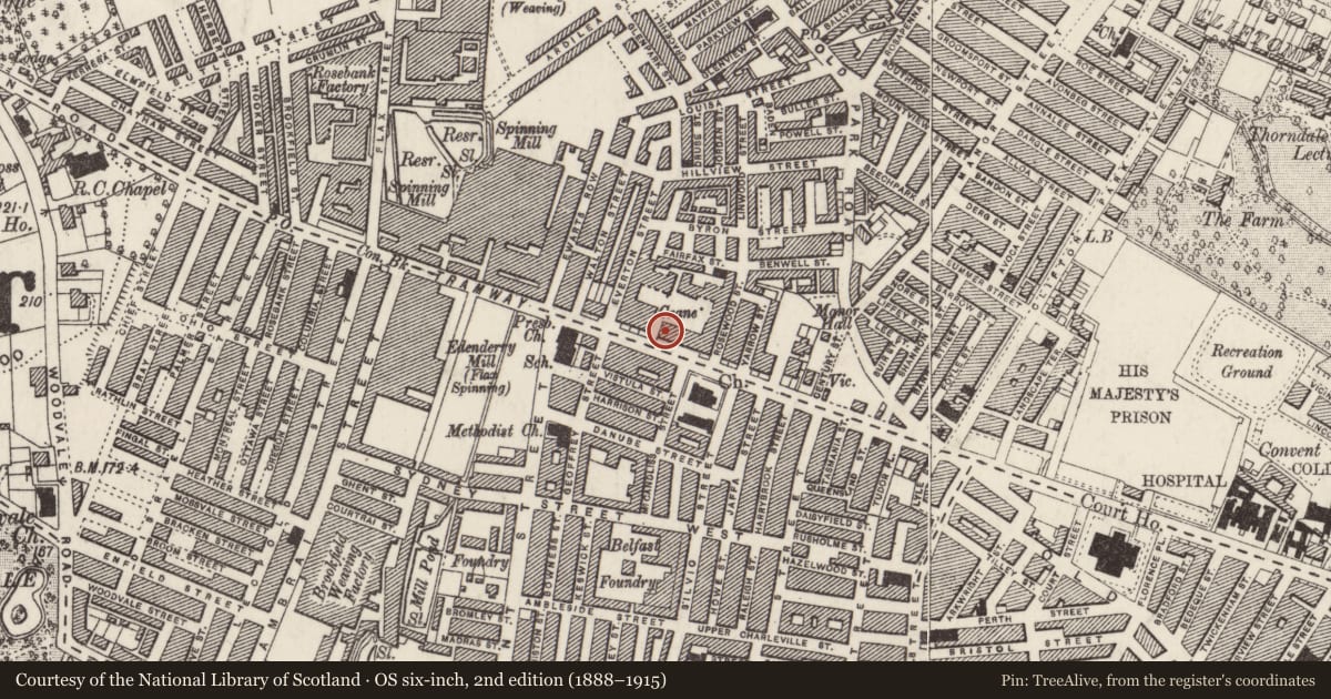 Ordnance Survey six-inch map, 2nd edition (1888–1915) covering the location of 259 Crumlin Road, Town Parks, Belfast, with a pin at the register's coordinates