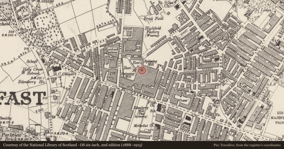 Ordnance Survey six-inch map, 2nd edition (1888–1915) covering the location of Ewarts Mill, Belfast, with a pin at the register's coordinates