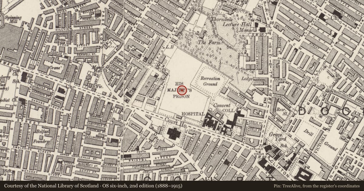 Ordnance Survey six-inch map, 2nd edition (1888–1915) covering the location of County Gaol, None, Belfast, with a pin at the register's coordinates