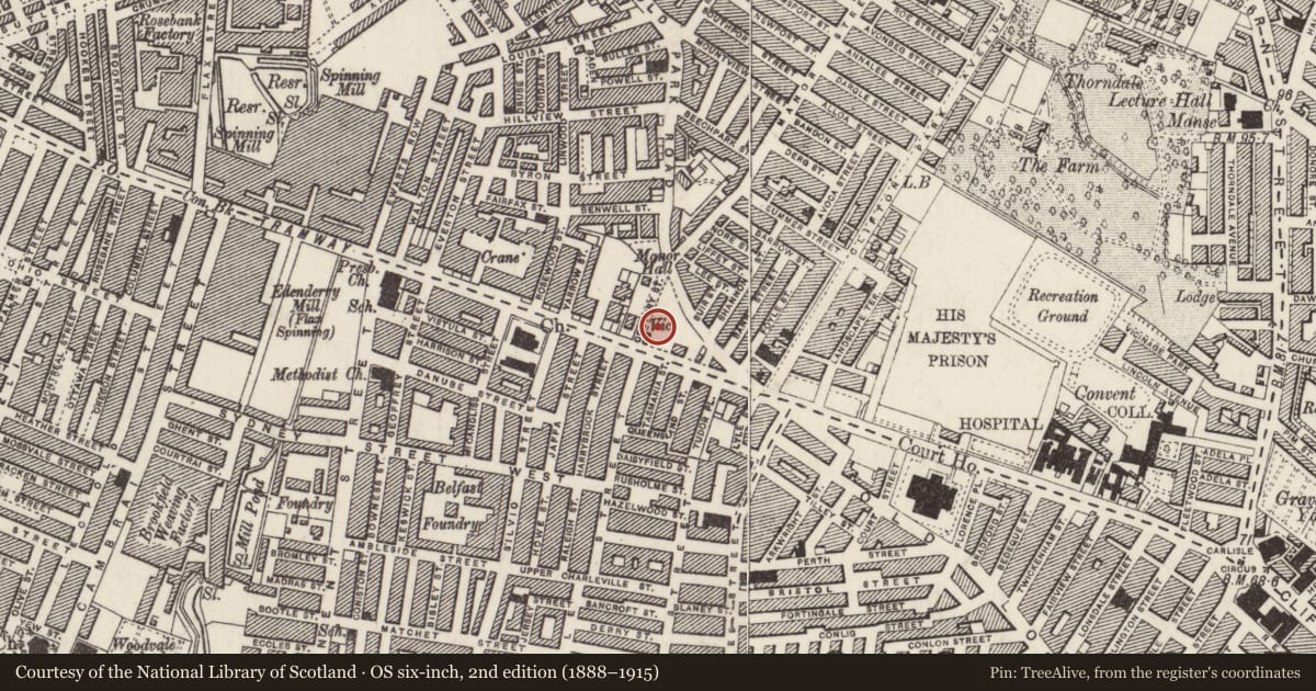 Ordnance Survey six-inch map, 2nd edition (1888–1915) covering the location of Former Savoy Cinema, Belfast, with a pin at the register's coordinates