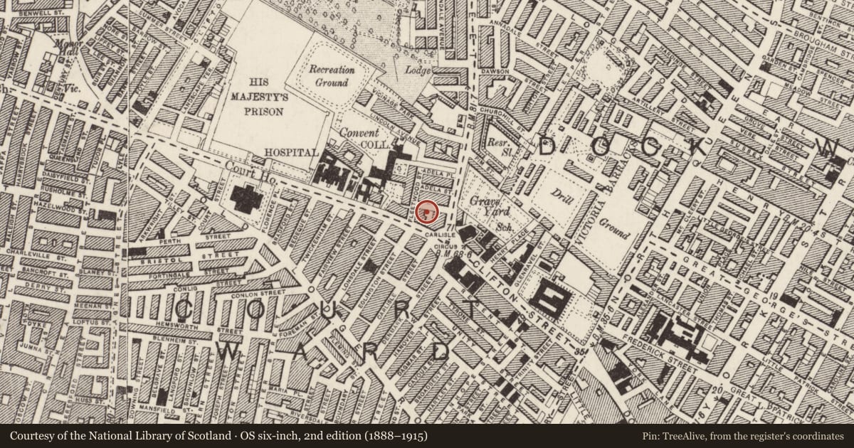 Ordnance Survey six-inch map, 2nd edition (1888–1915) covering the location of Former synagogue [now Mater Hospital Physiotherapy Gym], Belfast Town Parks, Belfast, with a pin at the register's coordinates