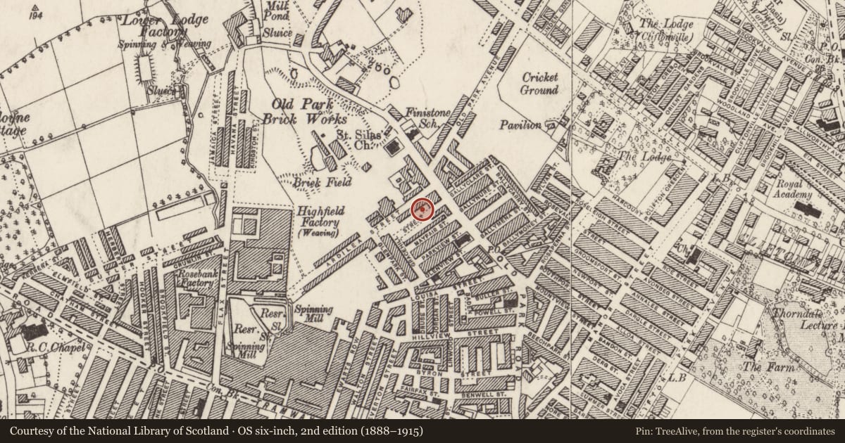 Ordnance Survey six-inch map, 2nd edition (1888–1915) covering the location of Sacred Heart Parochial Hall, Town Parks, Belfast, with a pin at the register's coordinates