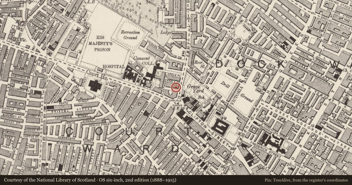 Ordnance Survey six-inch map, 2nd edition (1888–1915) covering the location of 16 Antrim Road, Town Parks, Belfast, with a pin at the register's coordinates