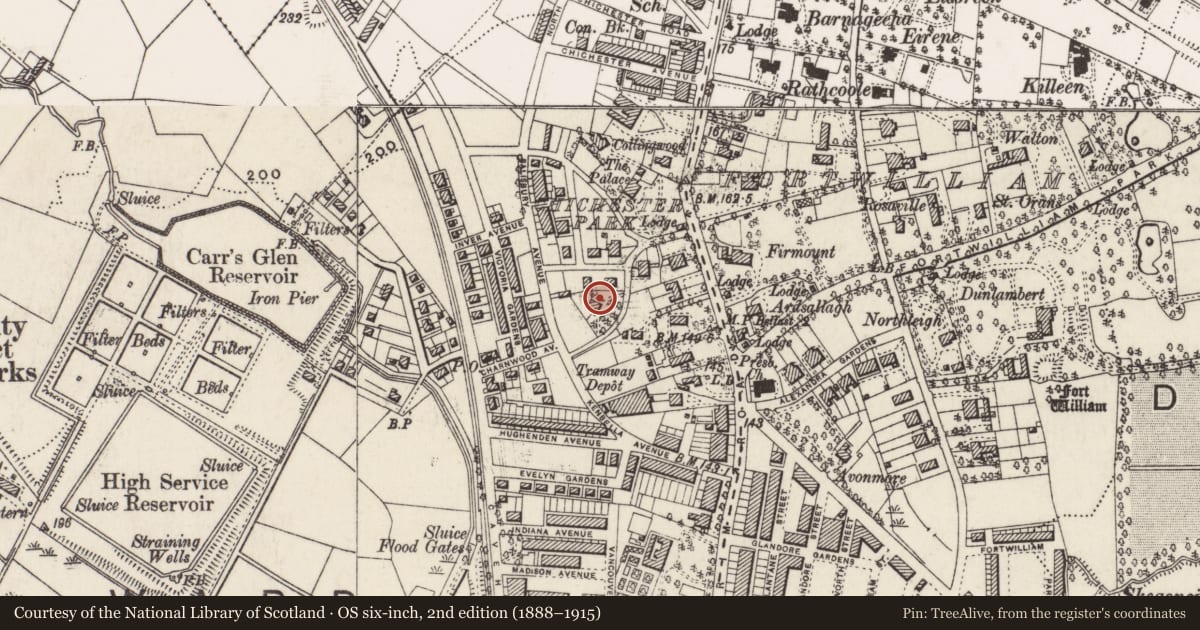Ordnance Survey six-inch map, 2nd edition (1888–1915) covering the location of Wave Trauma Centre, Skegoneill, Belfast, with a pin at the register's coordinates