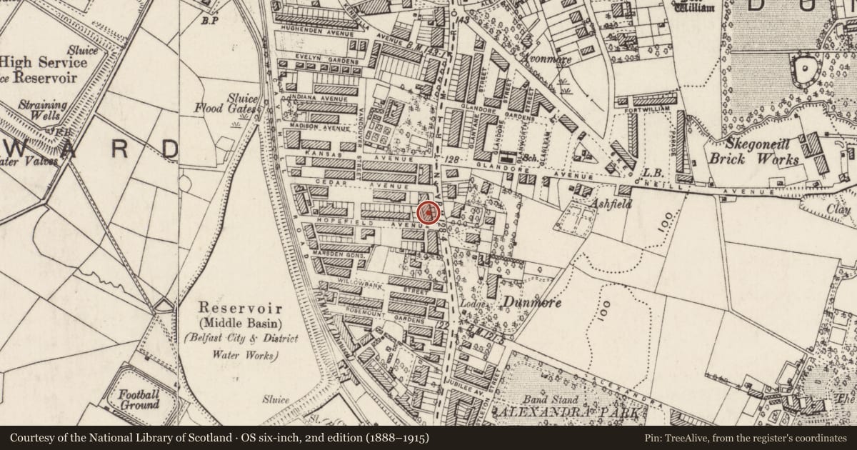 Ordnance Survey six-inch map, 2nd edition (1888–1915) covering the location of 344 Antrim Road, Skegoneill, Belfast, with a pin at the register's coordinates