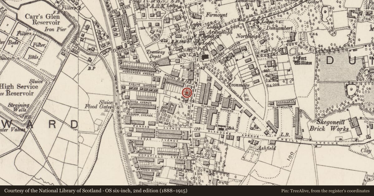Ordnance Survey six-inch map, 2nd edition (1888–1915) covering the location of 416 Antrim Road, Skegoneil, Belfast, with a pin at the register's coordinates