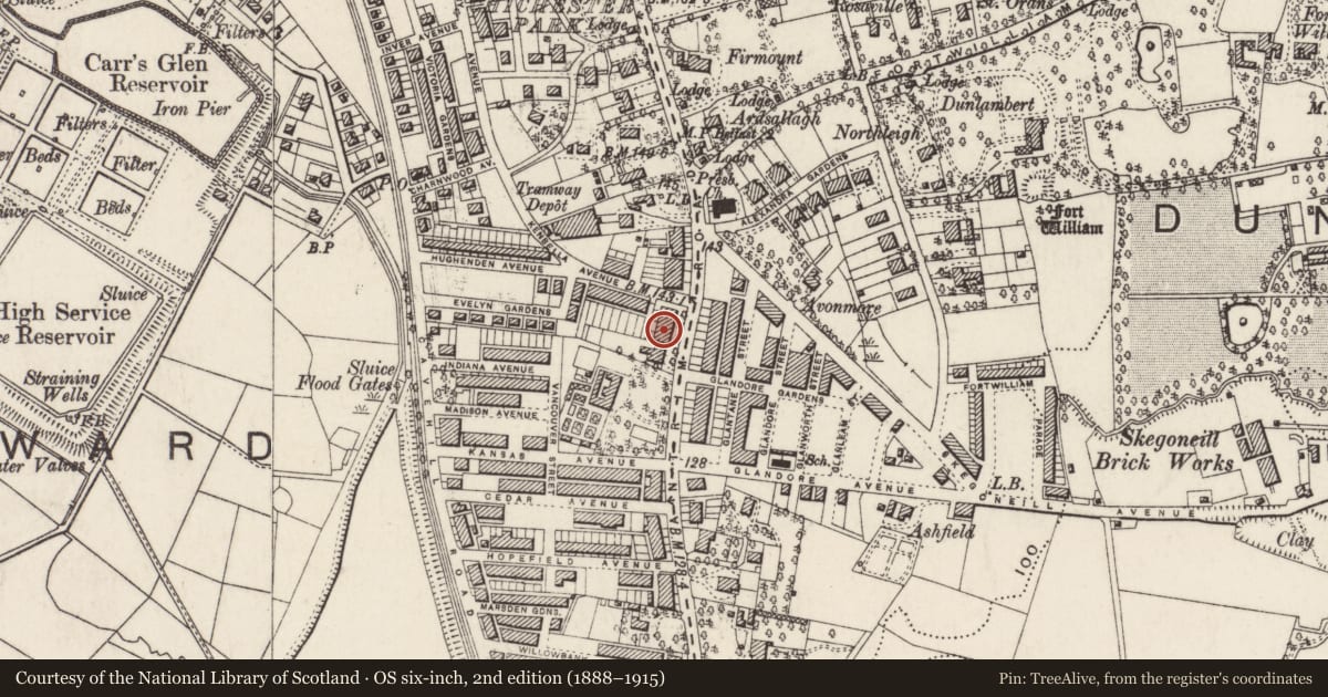 Ordnance Survey six-inch map, 2nd edition (1888–1915) covering the location of 418 Antrim Road, Skegoneill, Belfast, with a pin at the register's coordinates