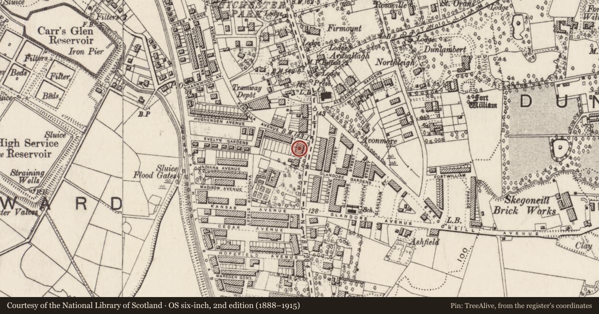Ordnance Survey six-inch map, 2nd edition (1888–1915) covering the location of 420 Antrim Road, Skegoneill, Belfast, with a pin at the register's coordinates