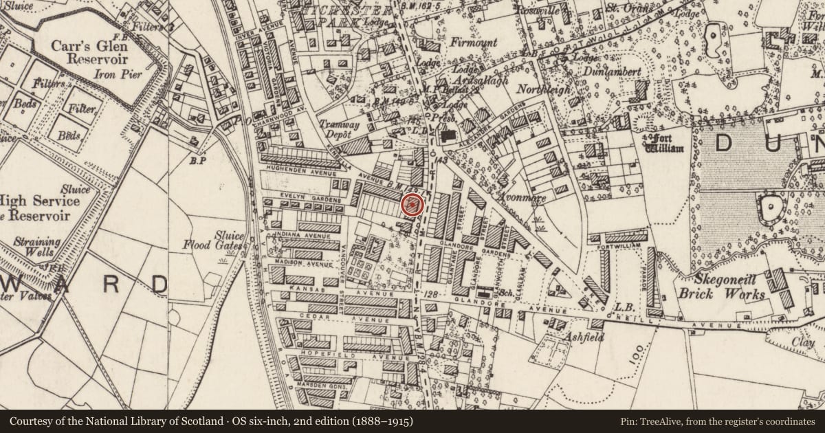 Ordnance Survey six-inch map, 2nd edition (1888–1915) covering the location of Rosemount House, Skegoneil, Belfast, with a pin at the register's coordinates