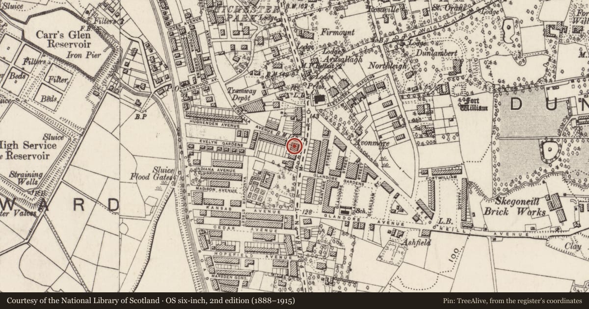 Ordnance Survey six-inch map, 2nd edition (1888–1915) covering the location of Rosemount House, Skegoneil, Belfast, with a pin at the register's coordinates