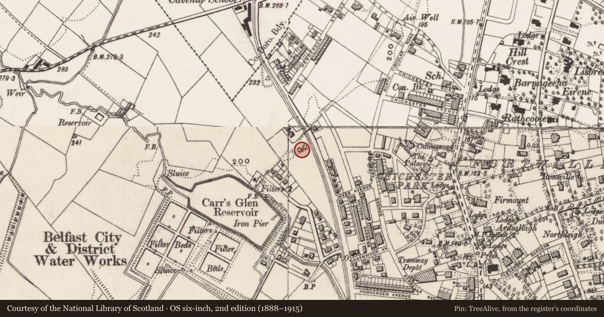 Ordnance Survey six-inch map, 2nd edition (1888–1915) covering the location of Cavehill Methodist Church, Skegoneill, Belfast, with a pin at the register's coordinates