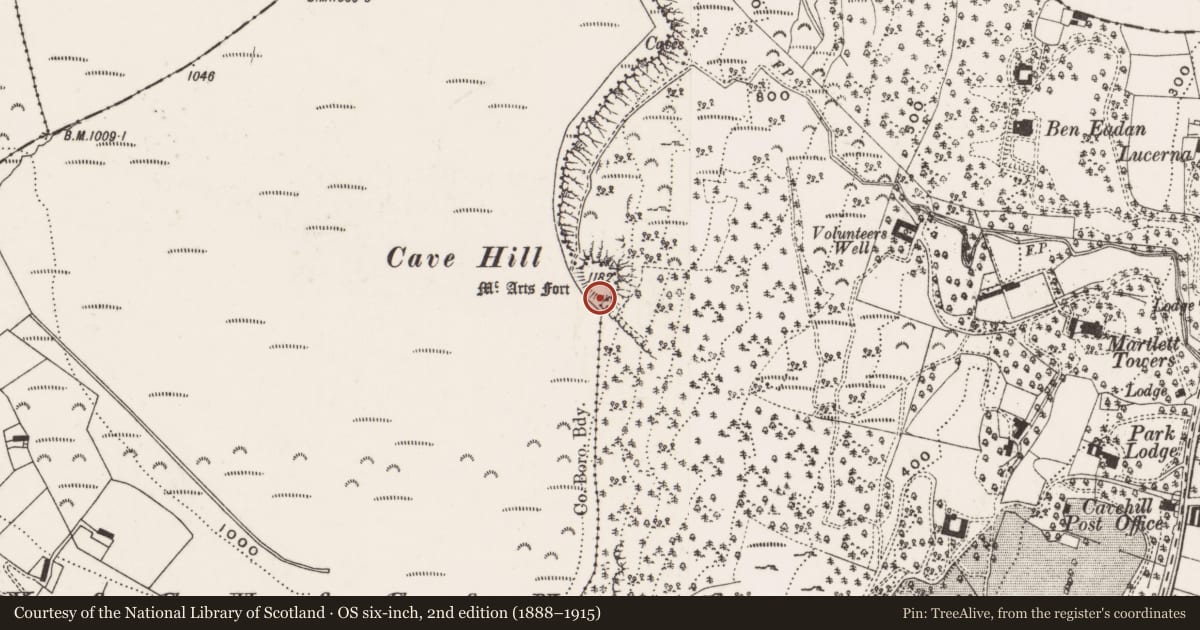 Ordnance Survey six-inch map, 2nd edition (1888–1915) covering the location of Parliamentary boundary post, Ballyaghagan, Belfast, with a pin at the register's coordinates