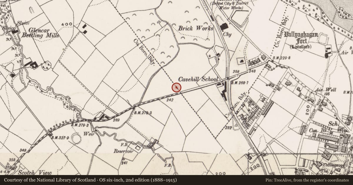 Ordnance Survey six-inch map, 2nd edition (1888–1915) covering the location of Boundary Marker, Old Park, Belfast, with a pin at the register's coordinates