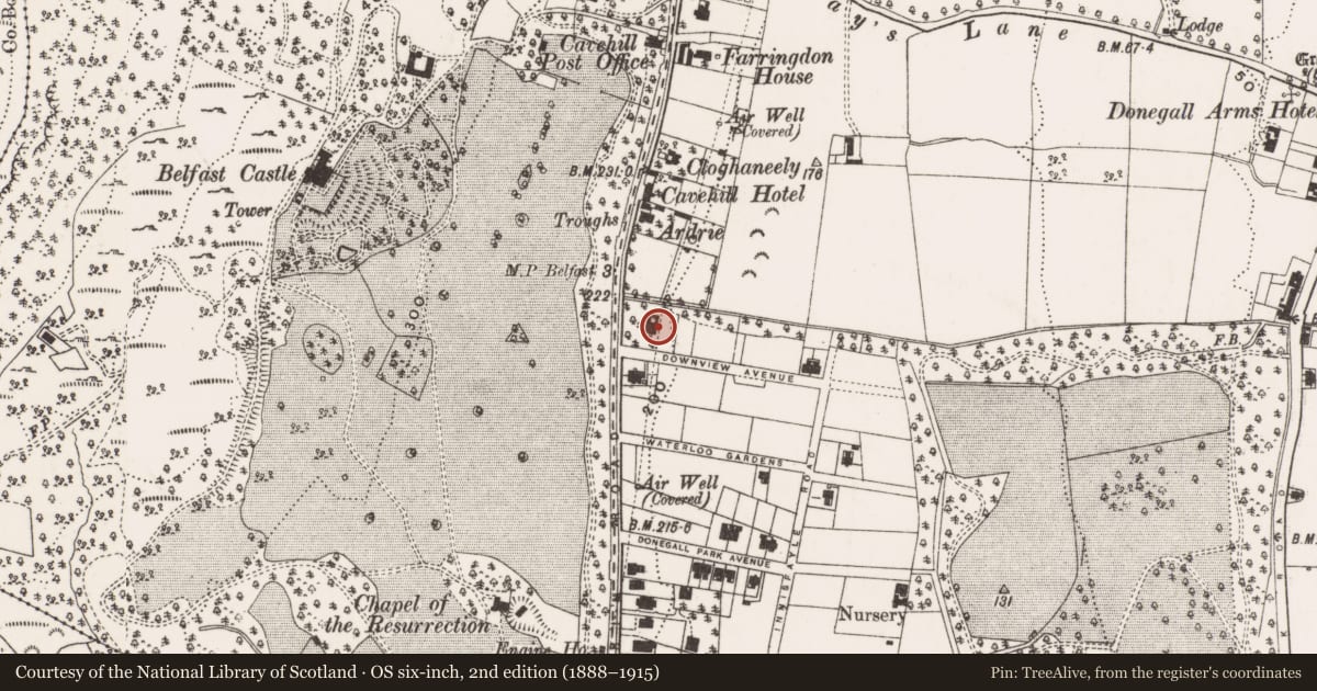 Ordnance Survey six-inch map, 2nd edition (1888–1915) covering the location of 731 Antrim Road, Skegoneil, Belfast, with a pin at the register's coordinates