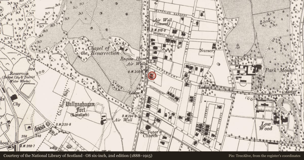 Ordnance Survey six-inch map, 2nd edition (1888–1915) covering the location of 683 Antrim Road, Belfast, Co Antrim, BT15 4EG, Low Wood, Belfast, with a pin at the register's coordinates