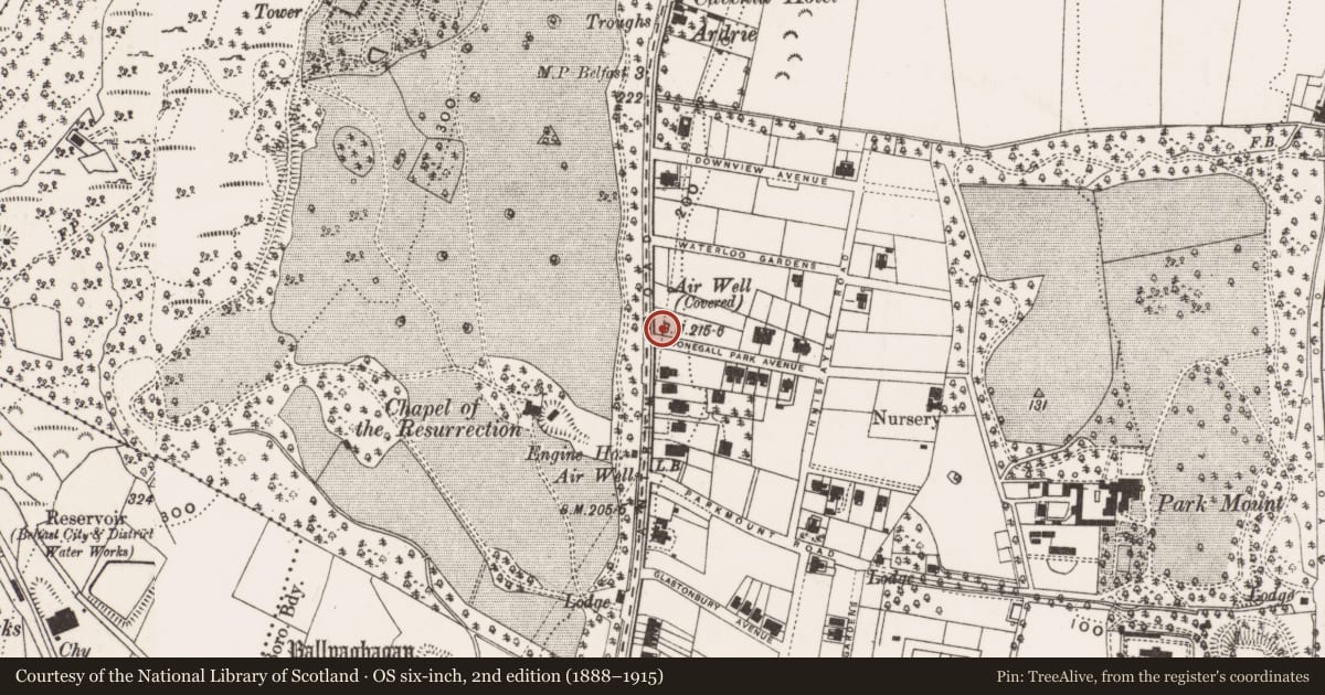Ordnance Survey six-inch map, 2nd edition (1888–1915) covering the location of Street Sign on Donegall Park Avenue on corner with Antrim Road, Belfast, Low-Wood, Belfast, with a pin at the register's coordinates