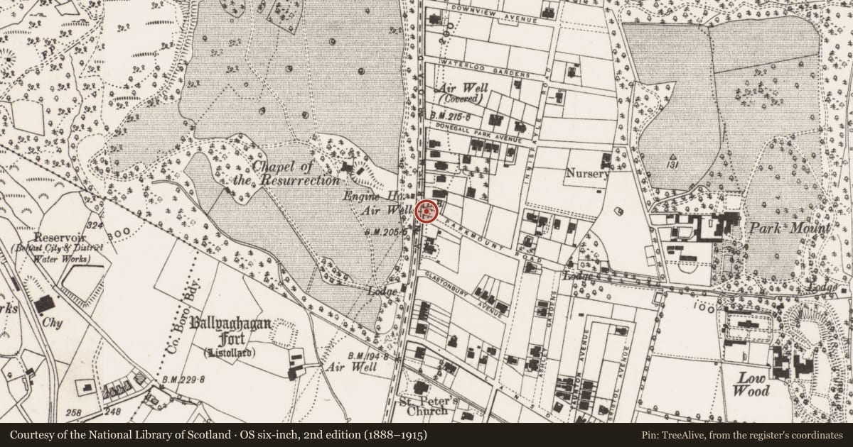 Ordnance Survey six-inch map, 2nd edition (1888–1915) covering the location of Street Sign on Parkmount Road on corner with Antrim Road, Belfast, Low-Wood, Belfast, with a pin at the register's coordinates