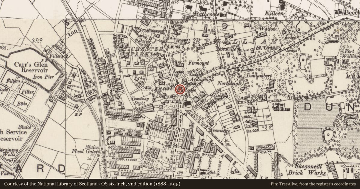 Ordnance Survey six-inch map, 2nd edition (1888–1915) covering the location of Gate Lodge, Skegoneill, Belfast, with a pin at the register's coordinates