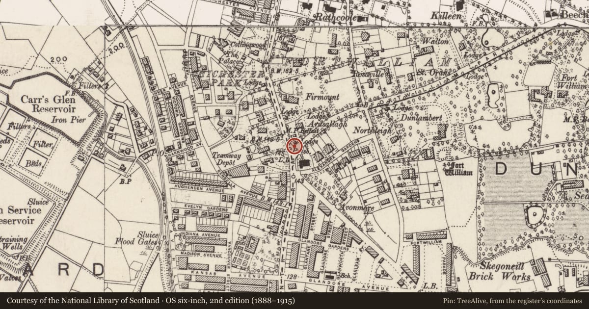 Ordnance Survey six-inch map, 2nd edition (1888–1915) covering the location of Fortwilliam Gateway, Skegoneill, Belfast, with a pin at the register's coordinates