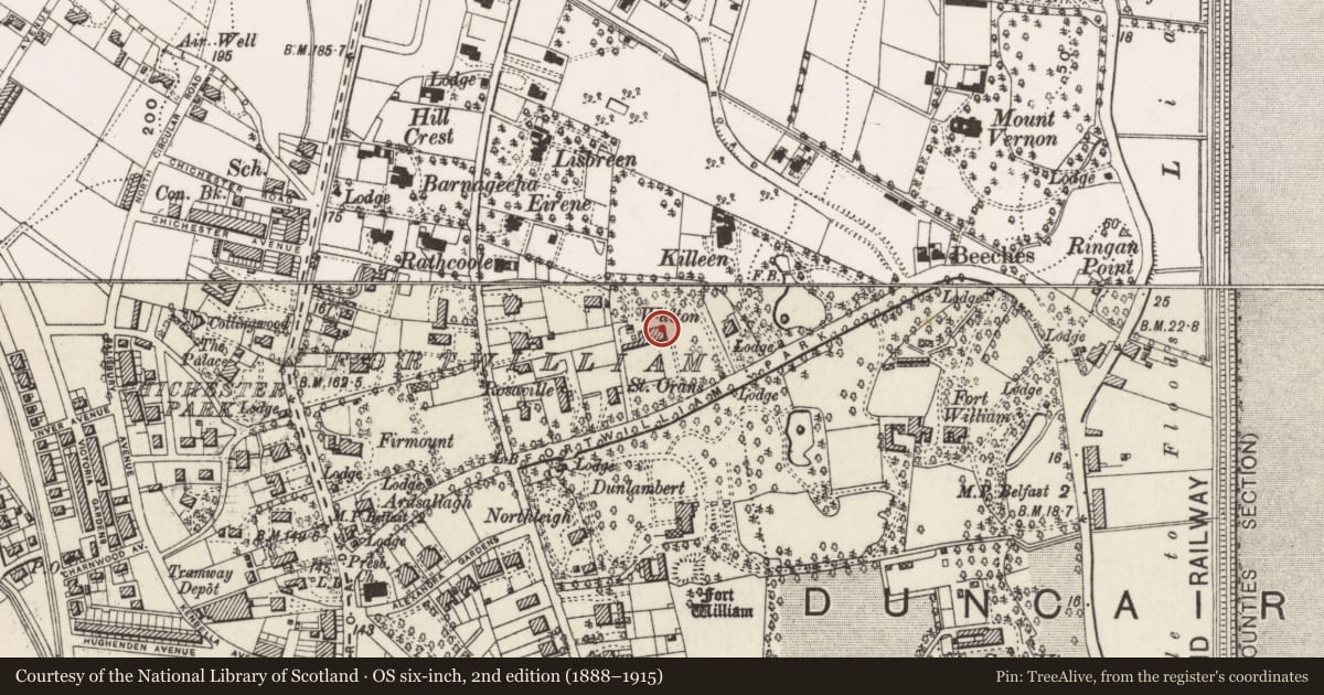 Ordnance Survey six-inch map, 2nd edition (1888–1915) covering the location of Walton House, Skegoneill, Belfast, with a pin at the register's coordinates