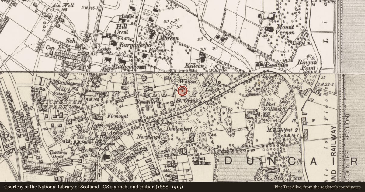 Ordnance Survey six-inch map, 2nd edition (1888–1915) covering the location of Chapel at Dominican College, Skegoneill, Belfast, with a pin at the register's coordinates