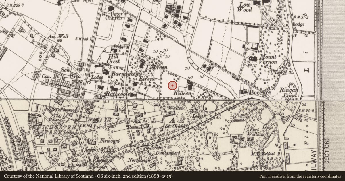 Ordnance Survey six-inch map, 2nd edition (1888–1915) covering the location of 42 Fortwilliam Park, Belfast, with a pin at the register's coordinates